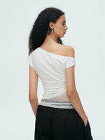 Load image into Gallery viewer, Toga Gathered Stretch Lace Top in White