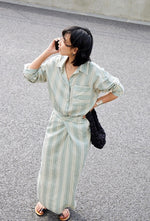Load image into Gallery viewer, Linen Blend Striped Tie Maxi Skirt in Green