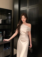 Load image into Gallery viewer, Toga Flare Hem Satin Gown in Champagne