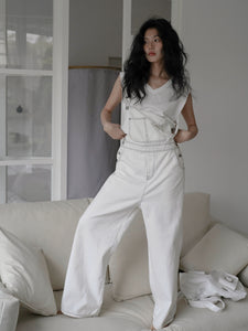 Contrast Stitching Overalls in White