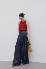 Load image into Gallery viewer, Wide Leg Zip Chambray Trousers in Navy