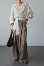 Load image into Gallery viewer, Striped Blouson Wrap Top in Cream