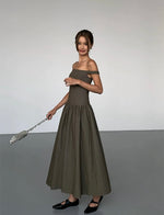 Load image into Gallery viewer, Off Shoulder Drop Waist Maxi Dress in Olive