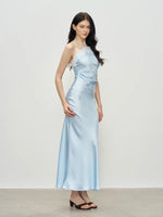 Load image into Gallery viewer, Satin Halter Lace Gathered Gown in Blue