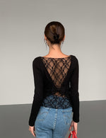 Load image into Gallery viewer, Lace Back Long Sleeve Top in Black