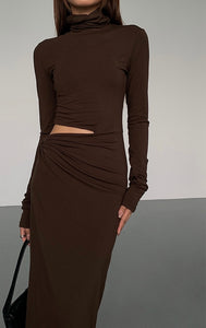 High Neck Side Cutout Maxi Dress in Brown