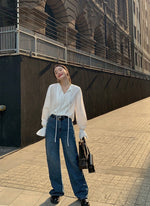 Load image into Gallery viewer, Pleated Trumpet Sleeve Blouse in White