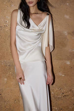 Load image into Gallery viewer, Satin Asymmetric Drape Top // Maxi Slip Skirt Set in Cream
