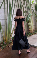 Load image into Gallery viewer, Ruffle Off Shoulder High Slit Maxi Dress in Black