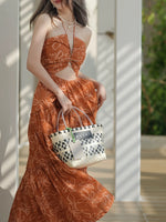 Load image into Gallery viewer, Floral Cutout Tiered Maxi Dress in Orange-S