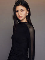 Load image into Gallery viewer, Sheer Panel Slit Stretch Dress in Black