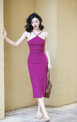 Load image into Gallery viewer, Halter Slim Slit Dress in Magenta