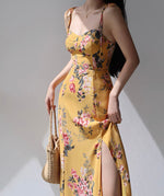 Load image into Gallery viewer, Hera Floral Tie Strap Slit Dress in Yellow