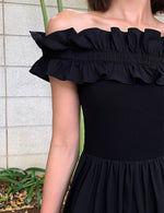 Load image into Gallery viewer, Ruffle Off Shoulder High Slit Maxi Dress in Black