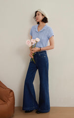 Load image into Gallery viewer, Knitted Polo Blouse in Blue