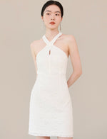 Load image into Gallery viewer, Keyhole Halter Lace Mini Dress in White
