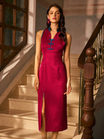 Load image into Gallery viewer, Contrast Midi Slit Cheongsam in Red