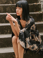 Load image into Gallery viewer, Floral Flare Mini Wrap Dress in Navy