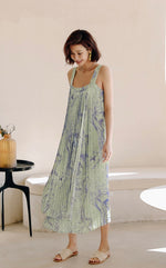 Load image into Gallery viewer, Printed Pleated Trapeze Dress in Green