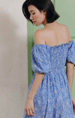 Load image into Gallery viewer, Off Shoulder Floral Blouson Dress in Blue