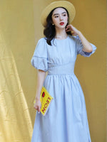 Load image into Gallery viewer, Puff Sleeve Midi Dress in Blue