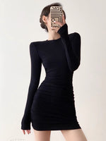 Load image into Gallery viewer, Long Sleeve Shirring Mini Bodycon Dress in Black