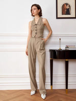 Load image into Gallery viewer, Striped Collar Button Vest in Khaki