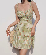 Load image into Gallery viewer, Vintage Check Floral Cami Tie Strap Mini Dress in Green