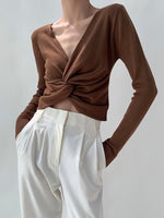 Load image into Gallery viewer, Long Sleeve Twist Knit Top in Brown