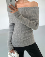 Load image into Gallery viewer, Off Shoulder Foldover Long Knit Top in Grey