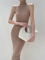 Load image into Gallery viewer, High Neck Ribbed Sleeveless Dress in Latte