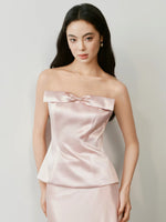 Load image into Gallery viewer, Satin Bow Bustier Peplum Top in Pink
