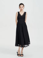 Load image into Gallery viewer, Lace Trim V-Back Dress in Black