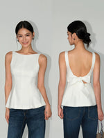 Load image into Gallery viewer, Drop Back Ribbon Peplum Top in Cream