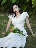 Load image into Gallery viewer, Puff Sleeve Pocket Maxi Dress in White