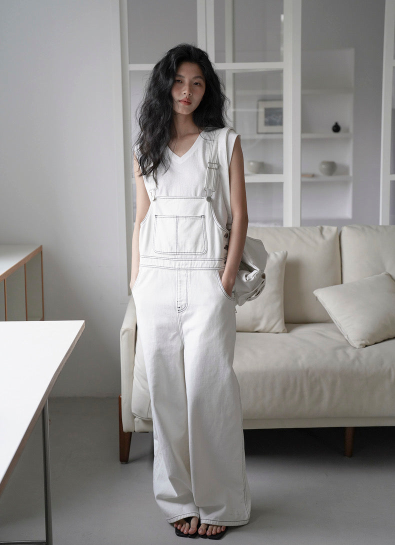 Contrast Stitching Overalls in White