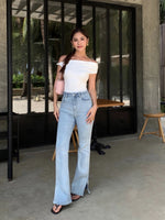 Load image into Gallery viewer, Split Hem Stretch Jeans in Blue