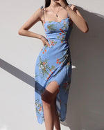 Load image into Gallery viewer, Cayha Floral Wrap Tie Strap Slit Dress in Blue