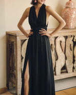 Load image into Gallery viewer, Open Back Maxi Slit Dress in Black
