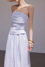 Load image into Gallery viewer, Linen Blend Gathered Bustier Top // Trousers // Maxi Skirt Set in Blue