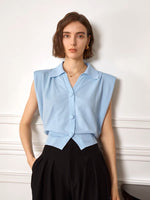 Load image into Gallery viewer, Light Knit Boxy Shoulder Button Top in Blue