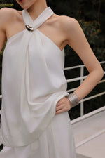 Load image into Gallery viewer, Halter Embellished Top // Trousers Set in Off White