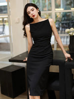Load image into Gallery viewer, Boatneck Stretch Sheath Dress in Black