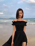 Load image into Gallery viewer, Ruffle Off Shoulder High Slit Maxi Dress in Black