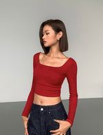 Load image into Gallery viewer, Padded Cross Back Long Sleeve Top in Red