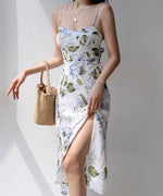 Load image into Gallery viewer, Stromboli Floral Tie Strap Slit Dress in White