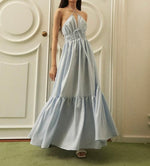 Load image into Gallery viewer, Linen Blend Tie Back Halter Maxi Dress in Blue
