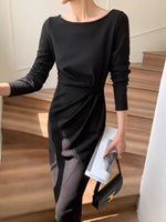 Load image into Gallery viewer, Boatneck Gathered Midi Dress in Black