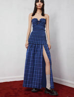 Load image into Gallery viewer, Checked Bustier Slit Dress in Blue- S