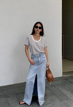 Load image into Gallery viewer, U-Neck Striped Tee in White/Brown